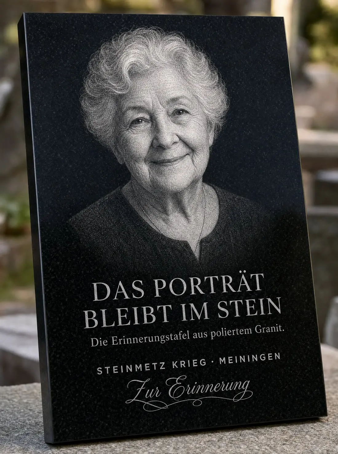 Erinnerungstafel aus schwarzem, poliertem Granit mit dem fotorealistisch eingravierten Porträt einer älteren Frau